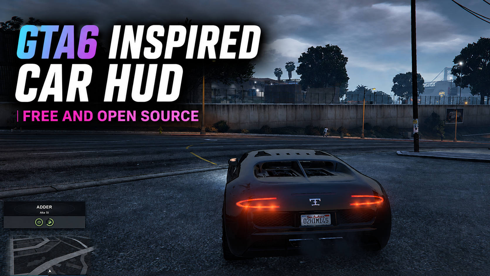 Free GTA 6 inspired FiveM car HUD showing vehicle name ADDER, Alta St, engine and fuel gauges above the minimap